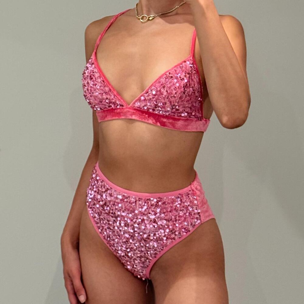 Pink Velvet Sequined Swimsuit
